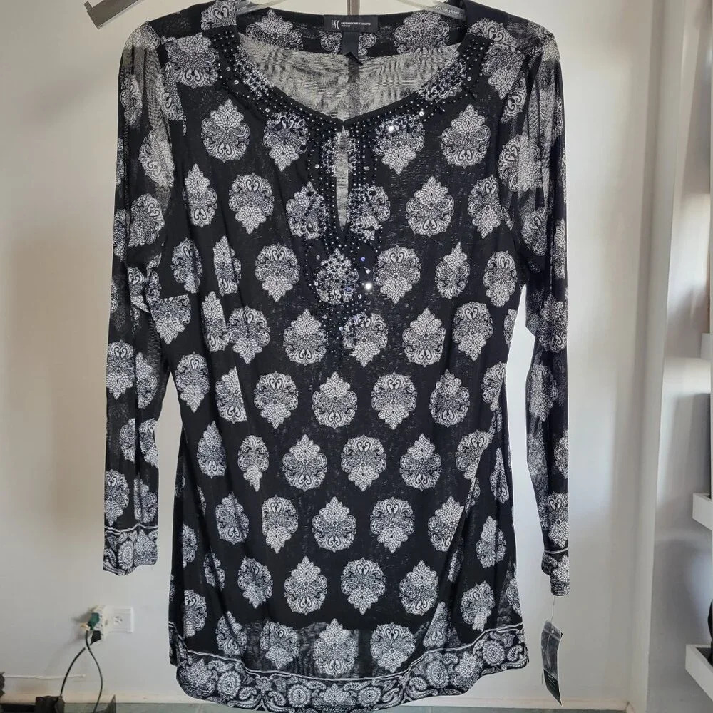 INC Botanical Paisley Black Semi-Sheer Plus Size Woman’s Sequin Top (Size: 2X) - Picture 3 of 12